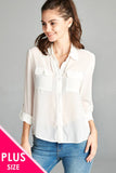 Ladies fashion plus size long sleeve front pocket chiffon blouse w/black button detail