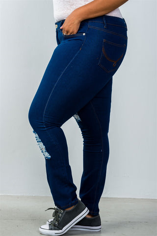 Ladies fashion plus size low rise dark blue distressed jeans