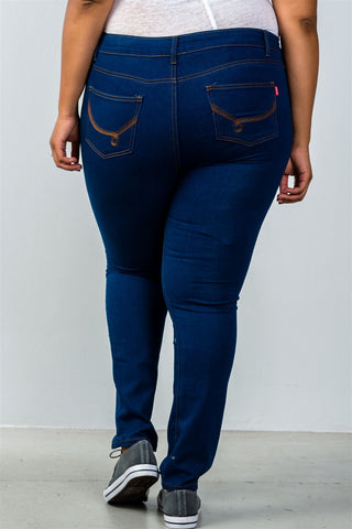 Ladies fashion plus size low rise dark blue distressed jeans