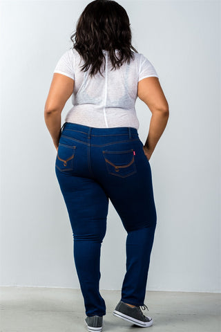 Ladies fashion plus size low rise dark blue distressed jeans
