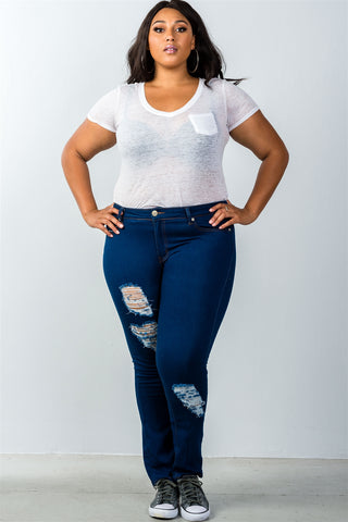 Ladies fashion plus size low rise dark blue distressed jeans