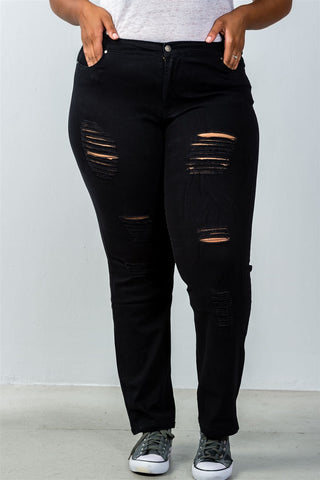 Ladies fashion plus size mid rise distressed jeans