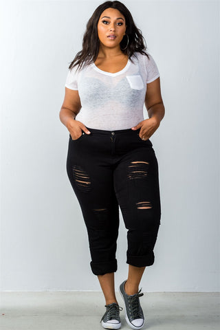 Ladies fashion plus size mid rise distressed jeans