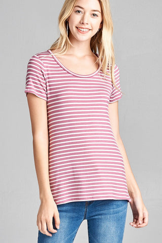 Ladies fashion short sleeve scoop neck stripe rayon spandex top