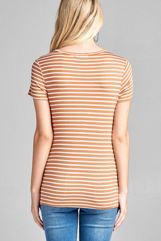 Ladies fashion short sleeve scoop neck stripe rayon spandex top