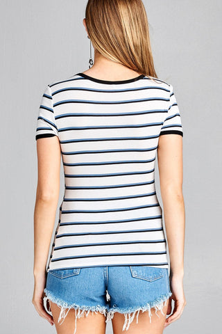 Ladies fashion short sleeve round neck yarn dye stripe rayon spandex jersey top