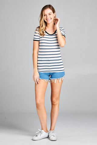 Ladies fashion short sleeve round neck yarn dye stripe rayon spandex jersey top