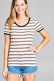 Ladies fashion short sleeve round neck yarn dye stripe rayon spandex jersey top