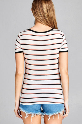 Ladies fashion short sleeve round neck yarn dye stripe rayon spandex jersey top