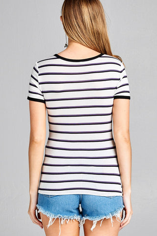 Ladies fashion short sleeve round neck yarn dye stripe rayon spandex jersey top