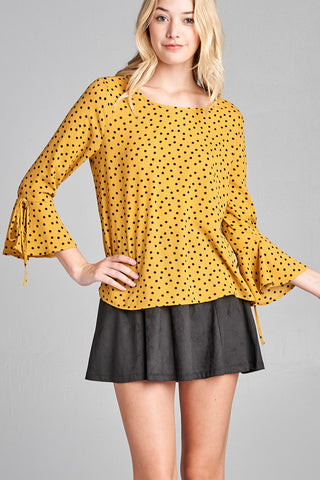 Ladies fashion 3/4 w/bell sleeve round neck dot print crepe woven top