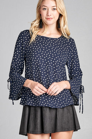 Ladies fashion 3/4 w/bell sleeve round neck dot print crepe woven top