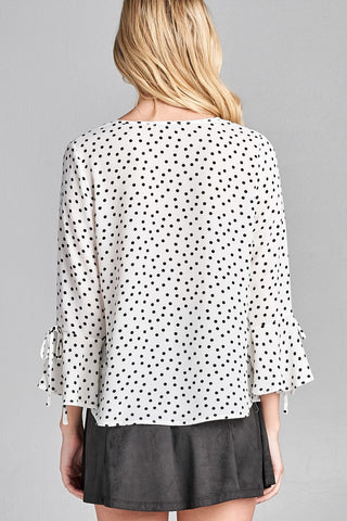 Ladies fashion 3/4 w/bell sleeve round neck dot print crepe woven top