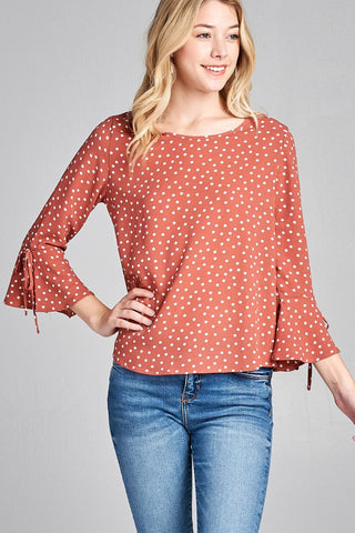 Ladies fashion 3/4 w/bell sleeve round neck dot print crepe woven top