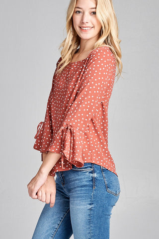 Ladies fashion 3/4 w/bell sleeve round neck dot print crepe woven top