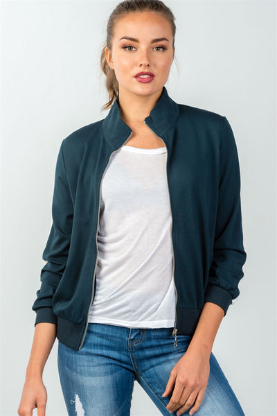 Ladies fashion forest green one striped sleeve track zip-up jacket