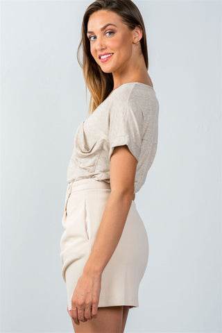 Ladies fashion beige button closure front skirt with side pockets