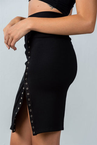 Ladies fashion black pencil mini skirt with snap button side