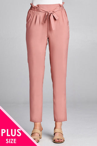 Ladies fashion plus size self ribbon detail long leg woven pants