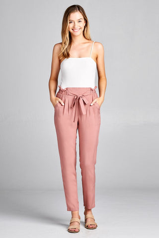 Ladies fashion plus size self ribbon detail long leg woven pants