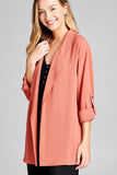 Ladies fashion plus size 3/4 roll up sleeve open front woven jacket