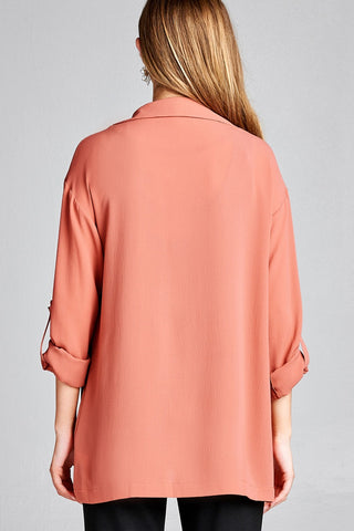 Ladies fashion plus size 3/4 roll up sleeve open front woven jacket