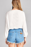 Ladies fashion plus size 3/4 sleeve crochet lace trim w/lace up crinkle gauze woven top