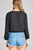 Ladies fashion plus size 3/4 sleeve crochet lace trim w/lace up crinkle gauze woven top