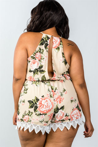 Ladies fashion plus size keyhole back detail sleeveless crochet trim romper