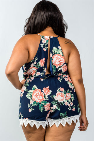 Ladies fashion plus size keyhole back detail sleeveless crochet trim romper