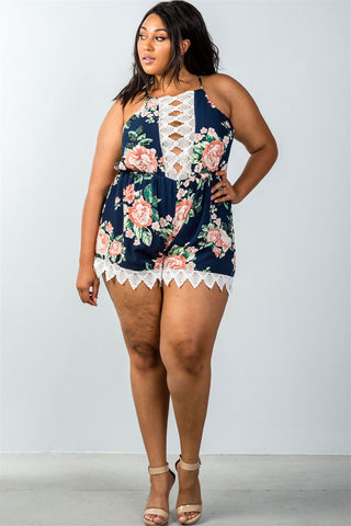 Ladies fashion plus size keyhole back detail sleeveless crochet trim romper