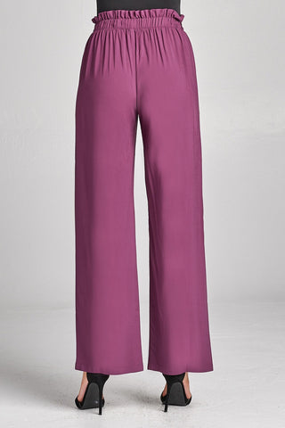 Ladies fashion self ribbon detail long wide leg woven pants