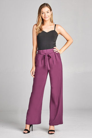 Ladies fashion self ribbon detail long wide leg woven pants