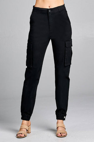 Ladies fashion waist button elastic hem w/snap button cargo pants