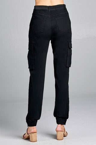 Ladies fashion waist button elastic hem w/snap button cargo pants