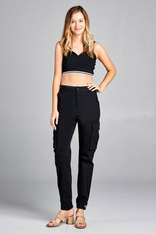 Ladies fashion waist button elastic hem w/snap button cargo pants