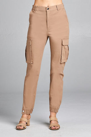 Ladies fashion waist button elastic hem w/snap button cargo pants