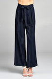 Ladies fashion high waist w/self belt long leg wide pinstripe woven pants