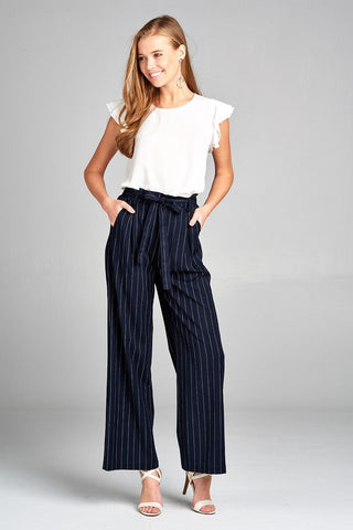 Ladies fashion high waist w/self belt long leg wide pinstripe woven pants