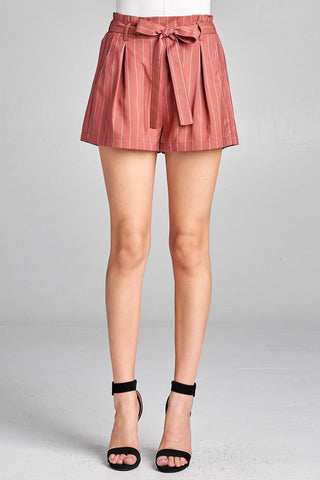 Ladies fashion self ribbon belt stripe high waist short pants