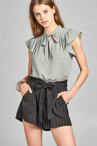 Ladies fashion self ribbon belt stripe high waist short pants