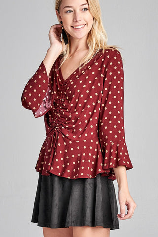 Ladies fashion 3/4 sleeve v-neck w/shirring detail flared hem dot print woven top