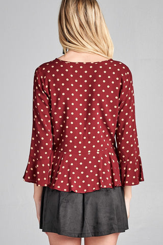Ladies fashion 3/4 sleeve v-neck w/shirring detail flared hem dot print woven top