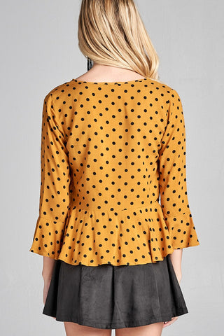 Ladies fashion 3/4 sleeve v-neck w/shirring detail flared hem dot print woven top