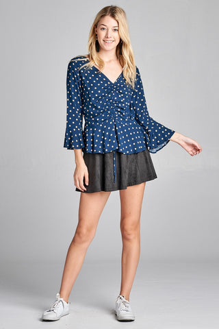 Ladies fashion 3/4 sleeve v-neck w/shirring detail flared hem dot print woven top