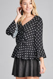 Ladies fashion 3/4 sleeve v-neck w/shirring detail flared hem dot print woven top