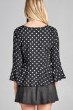 Ladies fashion 3/4 sleeve v-neck w/shirring detail flared hem dot print woven top