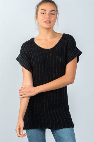 Ladies fashion scoop neckline short-sleeve open knit sweater