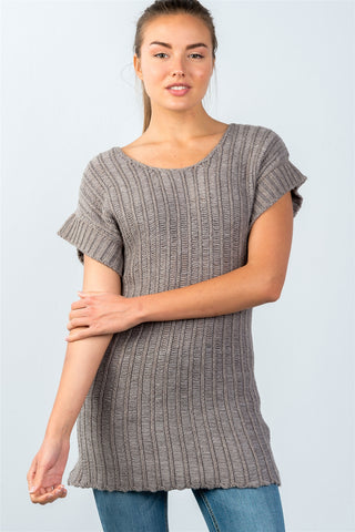 Ladies fashion scoop neckline short-sleeve open knit sweater