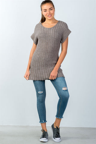 Ladies fashion scoop neckline short-sleeve open knit sweater